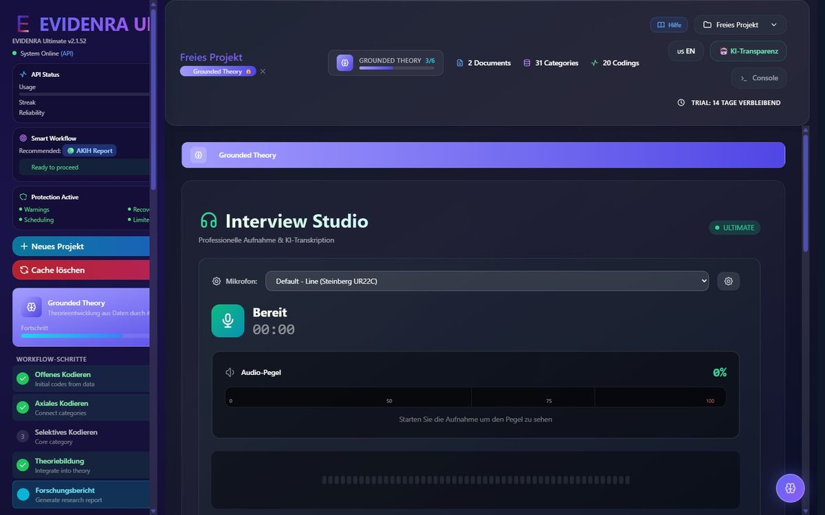 Interview Studio im Programm: Mikrofonwahl, Aufnahmezustand, Audio-Pegel und Wellenform